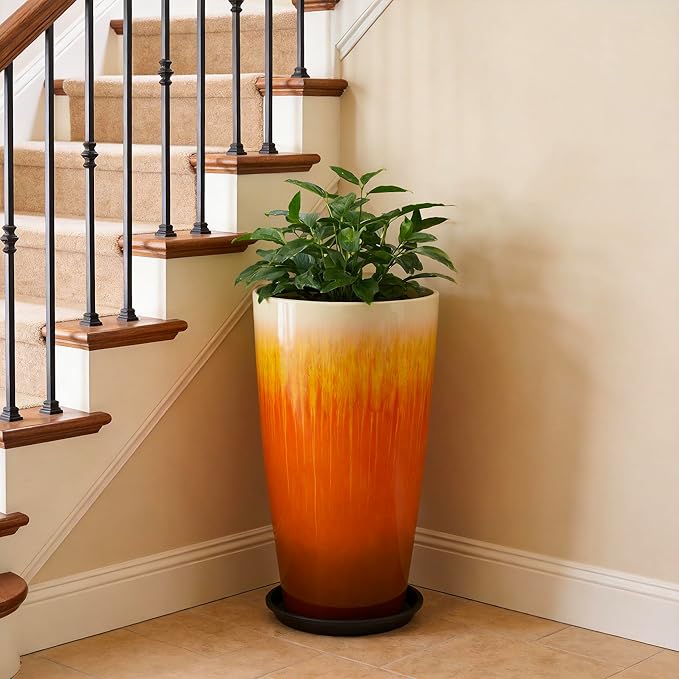 21 inch Tall Planter, Set of 2 Tall Planters for Outdoor & Indoor Plants, Large Outdoor Planters for Front Porch, Patio, Garden (Orange Flowing Glaze)