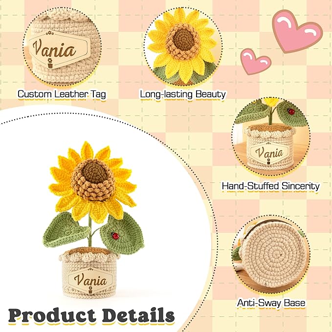 Crochet Flowers with Personalized Leather Name Tag Handmade Knitted Flowers for Home Office Desk Decor Crochet Sunflower Potted Plant for Women,Mother,Teachers, Birthday Crochet Gifts(Yellow)