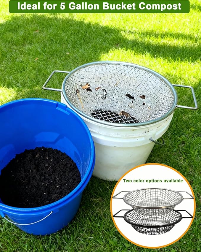 Black Dirt Soil Sifter for Gardening - 2Pcs Multi Mesh Size Set (1/8",1/4") Heavy Duty Garden Sieve with Dual Handles, Ideal for 5 Gallon Bucket Compost, Dirt, Sand, Gravel, Rocks & Sawdust Sifter