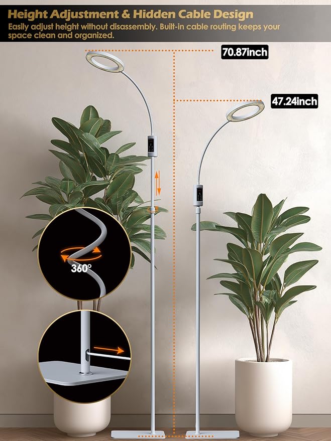 Smart Grow Lights for Indoor Plants, 24W Plant Light with Auto-Timer, Full Spectrum LED Grow Light, Adjustable Height & Stepless Dimming,Plant Assistant Suitable for Most Plants (White)