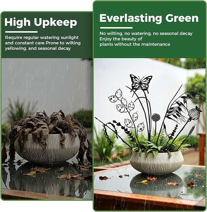 Decorative Metal Flowers for Outside, Rustic Metal Garden Stakes for Potted Plants, Metal Plants Outdoor Decor Vintage Rust Finish, Gift-Boxed Nature Meadow Garden Decor (Black_Butterfly Meadow Set)