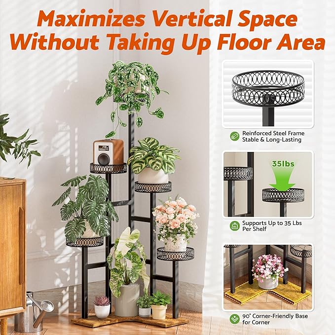Plant Stand 6 Tier Indoor Metal Wood Flower Shelf for Multiple Plants Corner Display Rack Planter Pot Holder Flower Stand for for Patio Garden Balcony Living Room Bedroom