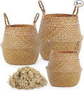Knitgrip Large Wicker Plant Basket with Handle 10 Inch Woven Seagrass Belly Basket and Artificial Moss for House Plants Picnic Grocery Laundry Storage Home Decor(Small, Medium, Large,Original,3 Pack)