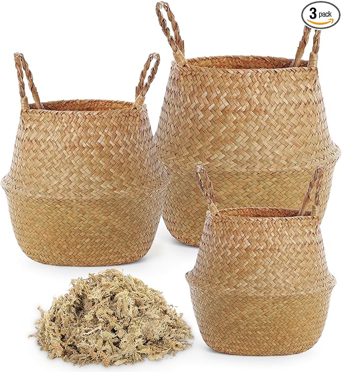 Knitgrip Large Wicker Plant Basket with Handle 10 Inch Woven Seagrass Belly Basket and Artificial Moss for House Plants Picnic Grocery Laundry Storage Home Decor(Small, Medium, Large,Original,3 Pack)