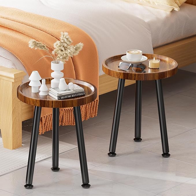Ekisemio Plant Stand Outdoor Indoor, Mid Century Wood Side Table with Walnut Finish & Raised Edge, Modern Small End Table for Living Room (12.5"x18")