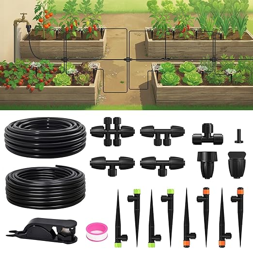 RAINPOINT Drip Irrigation System, Quick-Connect Garden Watering System Kit with Adjustable Emitters for Greenhouse, Garden Grid, Raised Bed, Potted Plants (15 ft Main Tubing + 25 ft Irrigation Tubing)
