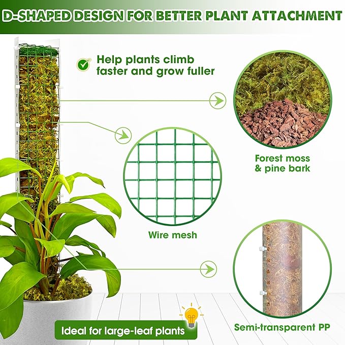 DUSPRO D-Shaped Plastic Moss Poles for Climbing Plants Monstera Stackable Moss Pole for Plants Moss Plant Pole Handmade Moss Stick for Indoor Plants Grow Upward 2 Pack 16.5 inches