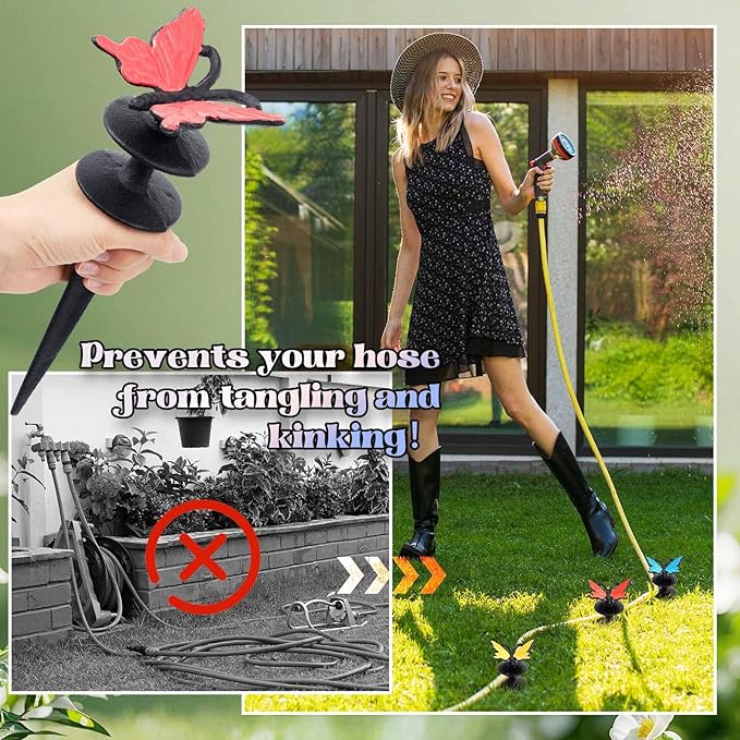 Tandefio 3 Pcs Colorful Butterfly Garden Hose Guide Stakes, Heavy Duty Decorative Antique Black Cast Iron Metal Hose Guides, Plant Protector for Lawn Yard Flower Bed