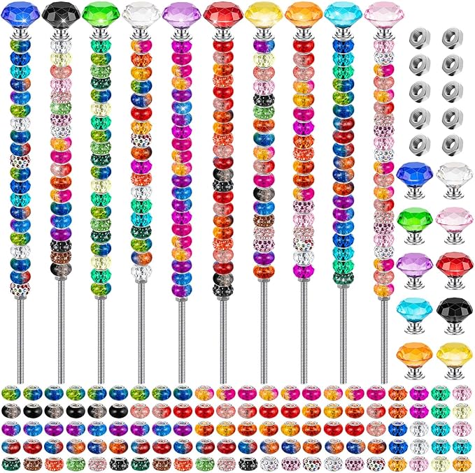 230 Pcs Beaded Garden Stakes, 12IN Fairy Wand Garden Stake Beads Kits with 200 Colorful Assortment Round Large Hole Beads with 10 Crystal Stopper Top,10 Threaded Rod and 10 Nuts for Outdoor Decoration