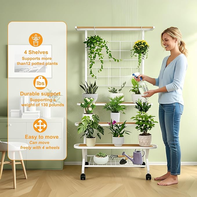 4 Tier Plant Stand Indoor Outdoor with Wheels, Large Metal Plant Shelf for Multiple Plants, Heavy Duty 130 lbs Capacity, Tall Flower Rack for Living Room Patio Balcony Garden, White
