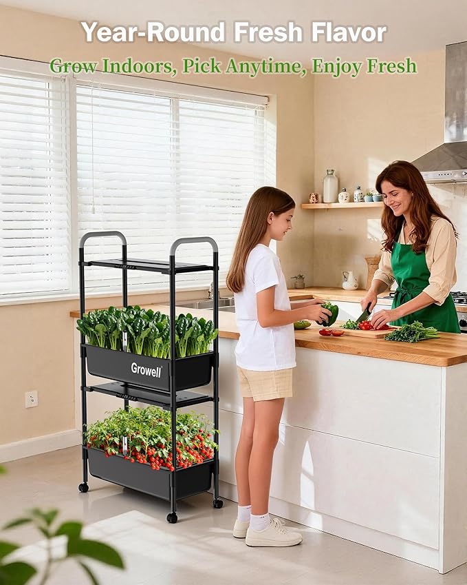 Growell Large Hydroponics Growing System Kit, Vertical Indoor Herb Garden Kit with LED Grow Light & Independent Water Pump, 28L Movable Indoor Planter Perfect Gardening Gifts (2 Tier-54 Pods Black)