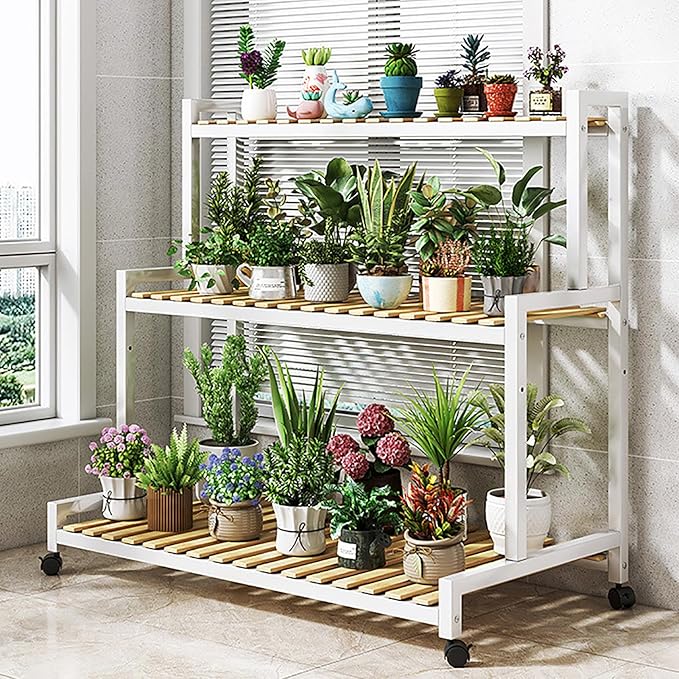 4-Tier Metal Plant Stand with Bamboo Shelves - Stylish Indoor Flower Holder & Succulent Display Rack - Decorative Wooden Ladder for Pots & Home Décor