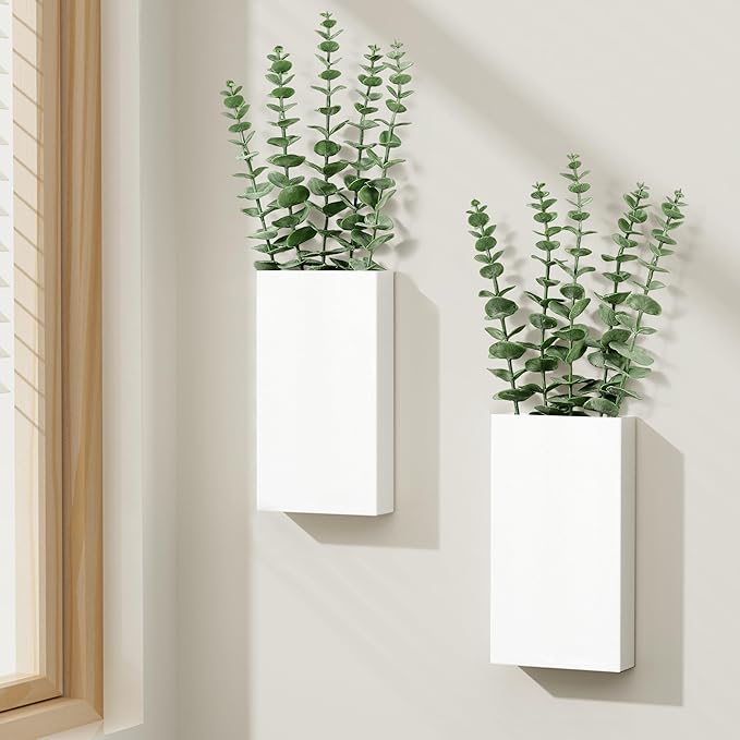2 Pack Metal Wall Planter Vases Decor with Artificial Eucalyptus, Modern Farmhouse Rustic Hanging Pocket Planters for Indoor Greenery and Flowers, Living Room Bedroom Kitchen Decoration, White