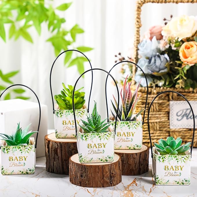 Soaoo 60 Pcs Succulent Baby Shower Favors Bulk Grow Succulents Wrap Bags with Handles Baby in Bloom Plants Paper Pots Gift Boxes Decorations Supplies Plants not Included Fits 2 Inch Pots(Eucalyptus)