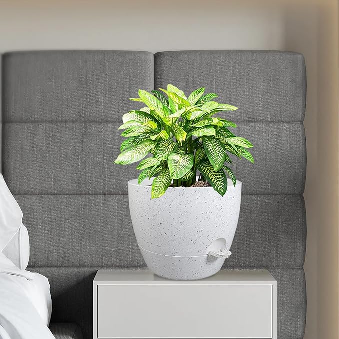 WSMKSZ 12 inch Large Self Watering Pots, Planter, Plant Pots with Multi Mesh Drainage Holes for Indoor Outdoor House Plants and Garden, Plastic Flower Pots with Deep Reservoir, Speckled White