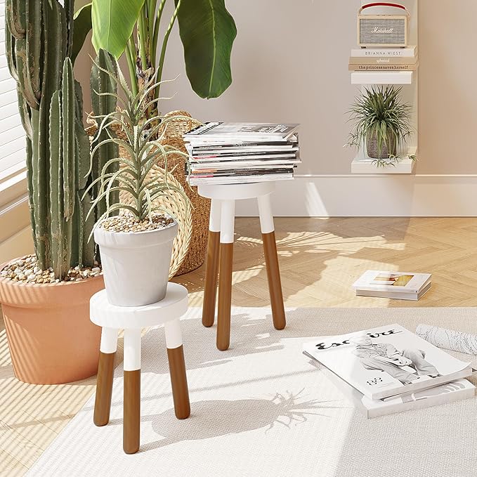 LitaEther 9" Reverse Dipped Wood Plant Stand, Wood Accent Stool,Milking Stool Set (12"+16" Tall)