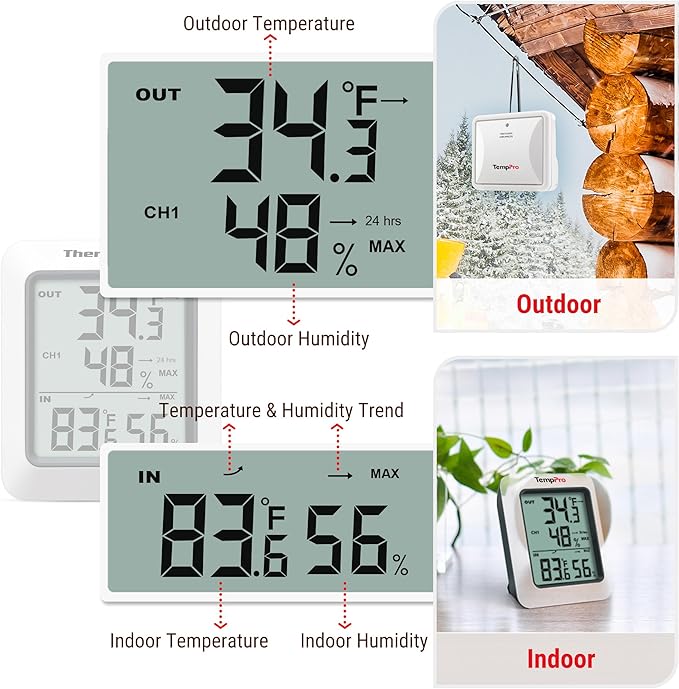 TempPro TP60 Digital Hygrometer Outdoor Thermometer Wireless Temperature and Humidity Gauge Monitor Room Thermometer with 500ft/150m Range Humidity Meter Temperature Indicators (Previously ThermoPro)