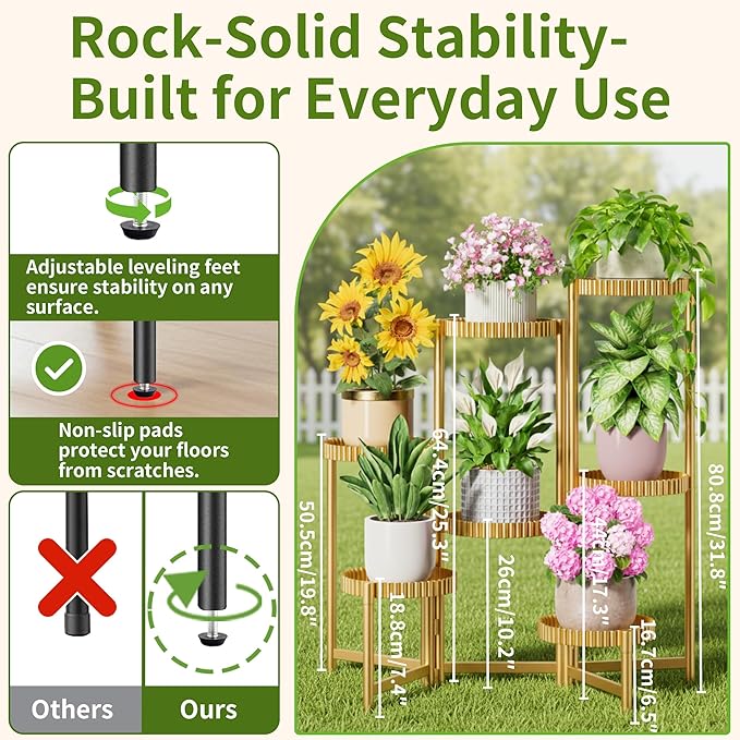 7 Tier Large Tiered Plant Stand Indoor, 7.9 Inch Wide Tall Corner Metal Plant Stands Outdoor for Multiple Plants, Flodable Tall Flower Display Holder Rack Shelf for Patio Balcony House -GoldFloroma
