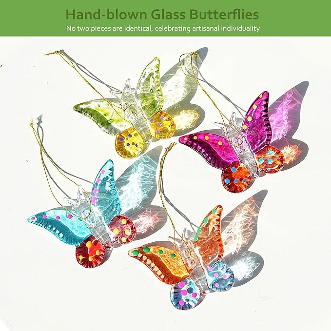 HDCRYSTALSGIFTS 4pcs 1.5'' Colorful Butterfly Plant Stakes Blown Glass Butterflies with 13.5'' Tall Garden Stakes for Flower Arrangements, Indoor Outdoor Plant Accessories, Home Tea Party Wedding