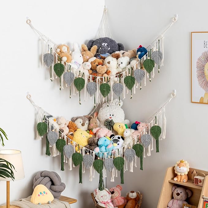 Pretty Jolly Macrame Stuffed Animal Hammock with Beads Hand Woven Leaf Tassels Corner Hanging Net Boho Plush Holder for Toys Kid Room Nursery Deco Organizer for Girls Gift(Sage Green&Avocado Green)