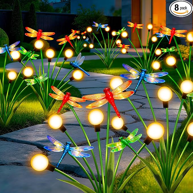 8 Pack Dragonfly Decorative Garden Stakes, 32Pcs 3D Dragonfly Decorations with Solar Firefly Lights Realistic Waterproof Dragonflies Solar Lights Outdoor for Yard Art Patio Plant Pot Flower Bed Lawn
