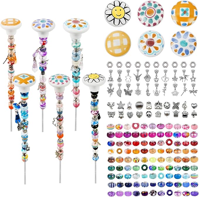 178 Pcs Beaded Garden Stakes Decorative DIY Fairy Wands Kit for Garden with 6 Colorful Cartoon Stopper Top 120 Assortment Round Large Hole Bead for Outdoor Decor