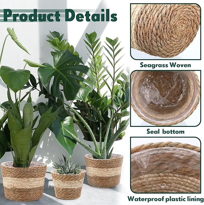Mumufy 6 Pcs Seagrass Planter Basket Flower Pots Cover Plant Baskets Hand Woven Plant Basket Storage Containers with Plastic Liners for Indoor Outdoor Flower Pots Decoration 10, 7, 8.3 Inch(Novel)