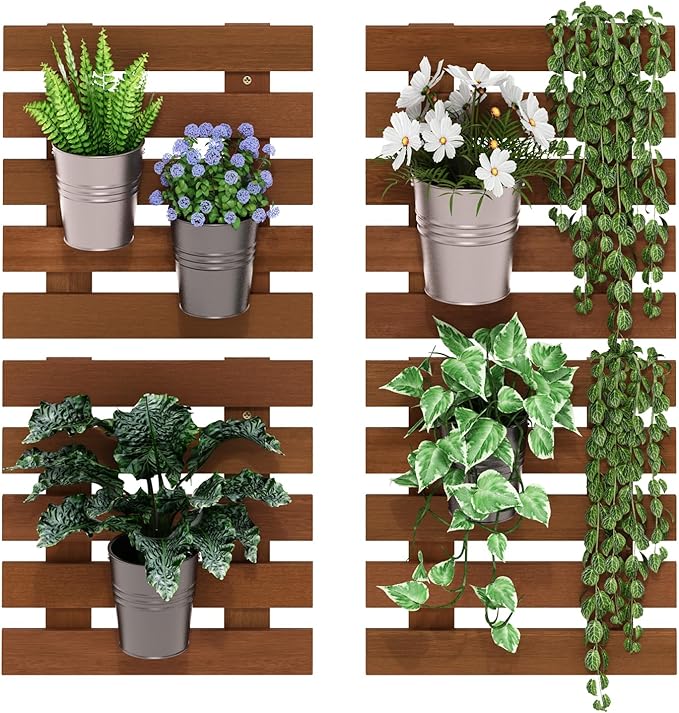 Furinno TIOMAN Outdoor Vertical Wall Planter, Set of 4 Wooden Hanging Planters, for Indoor, Outdoor Plants, Balcony, Patio, Light Wood