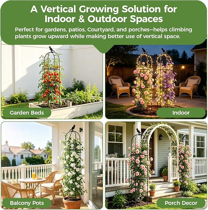 1pcs Garden Obelisk Trellis for Climbing Plants Outdoor, Tomato Cages for Garden, Metal Rustproof Plant Support Trellis for Potted Plants, Rose, Vine, Vegetable for Outdoor & Indoor Use (Black)