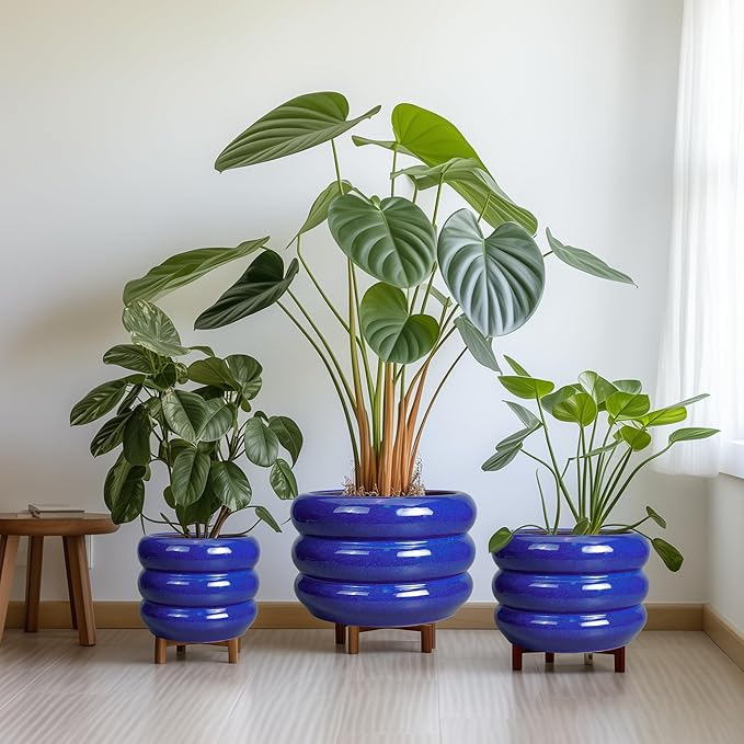 SQOWL Ceramic Plant Pot 13.5 Inch - Large Planter for Outdoor Plants Round Indoor Flower Pot with Drainage Hole Decorative Planter Modern Home Decor Blue