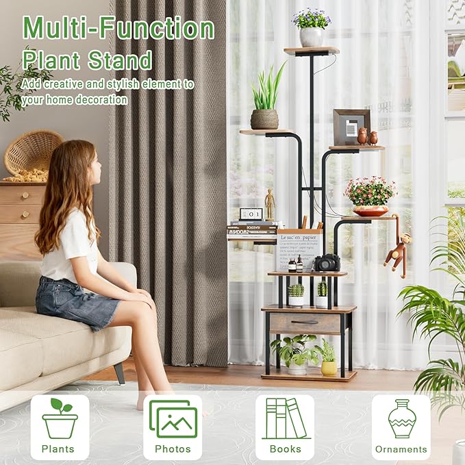 REFGY 8-Tier Tall Plant Stand with Grow Lights, Indoor Multi-Tiered Metal Plant Shelf with Large Storage Drawer, Heavy Duty Flower Pot Stand for Living Room, Bedroom, Balcony, Rustic Brown