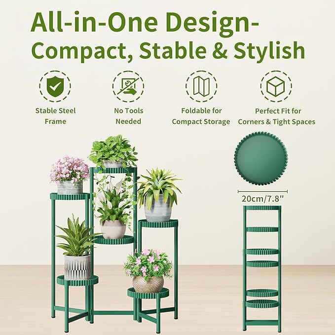 6 Tier Large Plant Stand Indoor, 7.9 Inch Wide Tall Corner Metal Plant Stands Outdoor for Multiple Plants, Folding Tiered Flower Display Holder Rack Shelf for Living Room Patio Porch Balcony - GreenFloroma