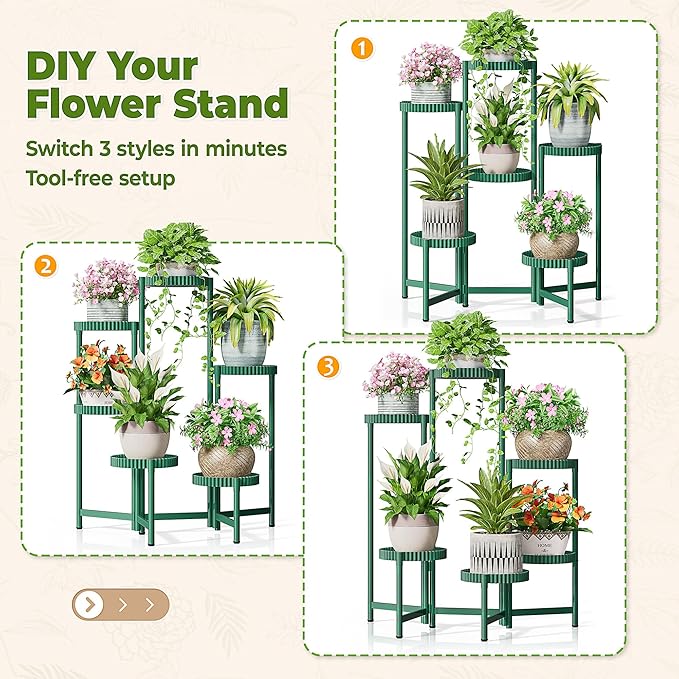 6 Tier Large Plant Stand Indoor, 7.9 Inch Wide Tall Corner Metal Plant Stands Outdoor for Multiple Plants, Folding Tiered Flower Display Holder Rack Shelf for Living Room Patio Porch Balcony - GreenFloroma