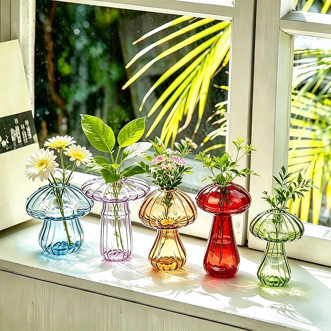 Mushroom Glass Propagation Station for Plants: Set of 5 Colored Vases Terrarium Kit for Home Office Indoor Hydroponics Decor - Birthday Gifts for Women Mom Grandma