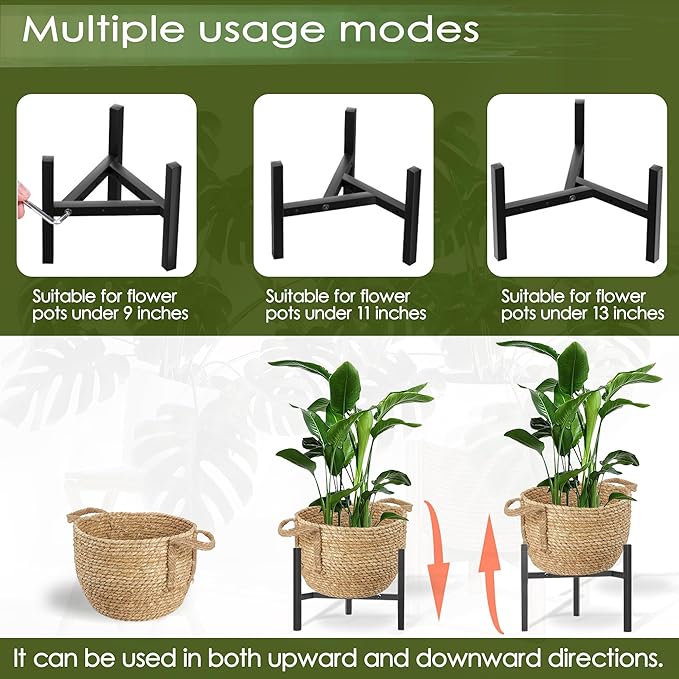 Boho Rattan Woven Stand Planter for Indoor Plant, Outdoor Tall Flower Seagrass Wicker Basket Pot Holders with Adjustable Metal Shelf(Brown)