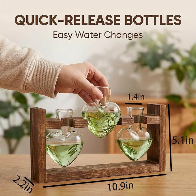 Plant Propagation Station 3Pcs Heart Vase with Wooden Stand Tabletop for Hydroponics Indoor Home Table Decor for Her Plant Lovers Women Mom Wife Daughter (Green)