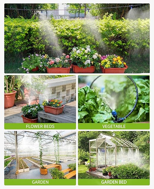 HIRALIY 118FT Greenhouse Misting Drip Irrigation Kit, Quick Connector Design, Irrigation System with 1/4" Tubing and Adjustable Nozzles for Hanging Plants, Garden Watering System for Raised Bed