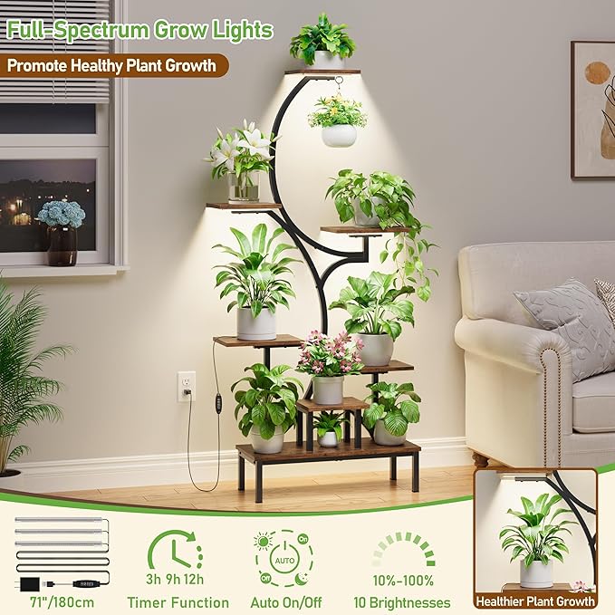 Plant Stand Indoor with Grow Lights - 7-Tier Indoor Plant Shelf with Elevated Base & Hanging Hook, 63" Corner Plants Stands for Multiple Plant Sizes, Multi-Tiered Lighted Rack for Living Room, Black