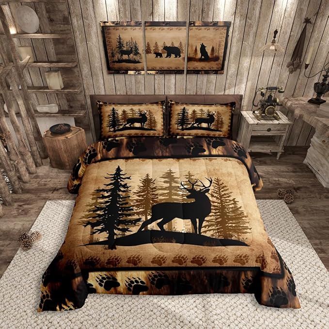 Feelyou Cute Deer Comforter Set for Girls Boys Kids Deer Hunting Bedding Set Room Decorative Rustic Bear Paw Print Bedding Canbin Brown Duvet Full Size 3Pcs
