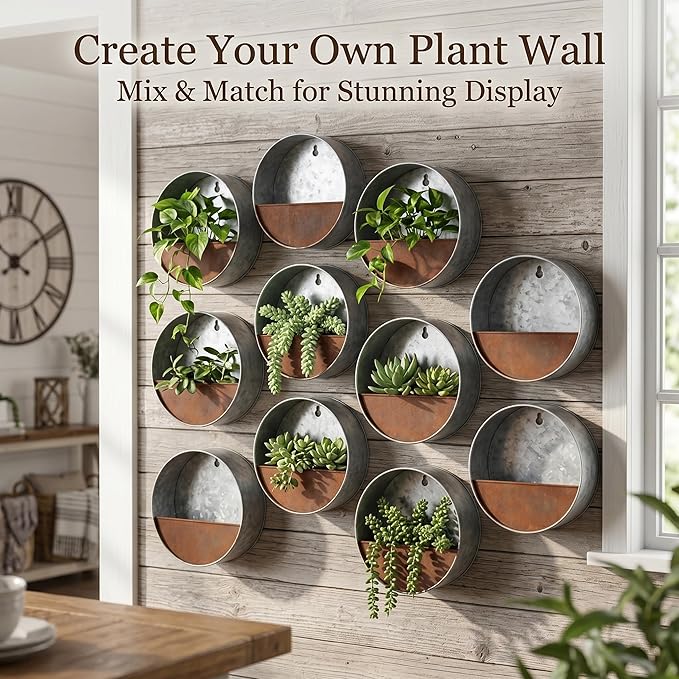 Topadorn Metal Flower Pot Hanging Planter Flower Pot Galvanized Metal Container Wall Pocket Garden Bucket for Indoor or Outdoor Balcony Patio, Round 8"