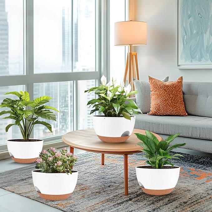 Vanslogreen Plant Pots 12inch Self Watering Pots, Set of 2 Plastic Planters with Drainage Holes and Saucers, Flower Pots for Indoor Outdoor Plants (White)