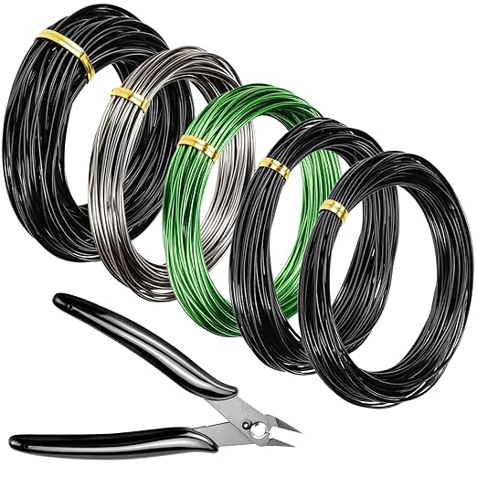 QWORK Bonsai Training Wire with Wire Cutter - 5 Rolls, Total 164 Feet Aluminum Wire 1/1.5/2.0 mm
