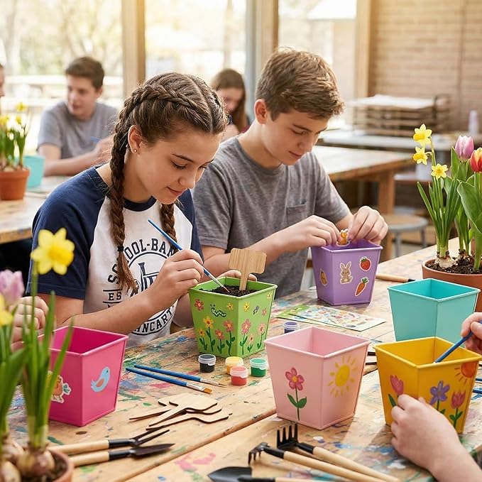 6 Sets Flower Pot Painting Kit DIY 6 Colorful Spring Metal Iron Plant Pots with Acrylic Paint Stickers Brushes Plant Labels Gardening Tool Kit for Planting Crafts Spring Birthday Gift