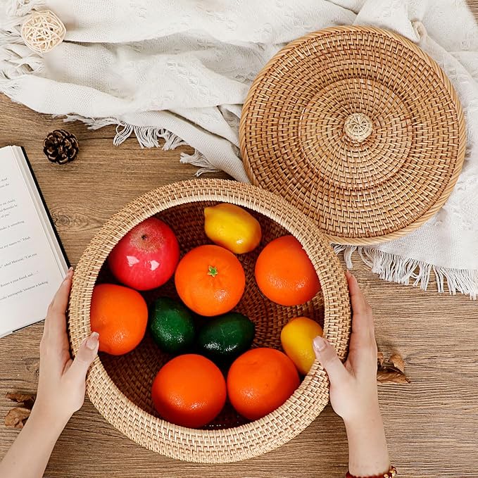 Hipiwe Round Rattan Boxes with Lid, X-Large Woven Bread Basket Natural Rattan Basket Wicker Storage Box Decorative Basket for Coffee Table Farmhouse Picnic Fruit Storage Basket