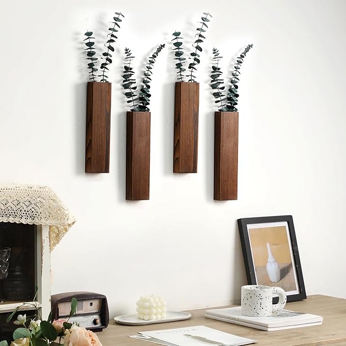 Wood Wall Planter 4 Pack Wall Decor for Artificial Flower Plants Wooden Plants Holders Pocket Vase Hanging for Living Room Bedroom Dining Room Bathroom Indoor Decroation (Dark Brown)