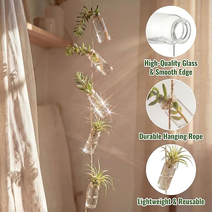 40 Pcs Hanging Plant Propagation Jars Mini Glass Hanging Planters Glass Hydroponic Plant Cutting Bottles with Rope Window Wall Planter for Indoor Plants Home Decor