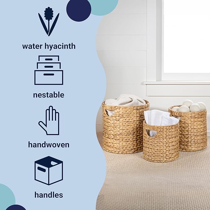 happimess BSK2011A-3SET Avery Bohemian Cottage Handwoven Hyacinth Cylinder Nesting Wicker Storage Baskets with Handles, Natural (Set of 3), Seagrass Containers for Decoration in Living Room, Bedroom