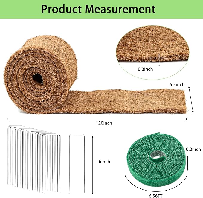 Thick Mulch Roll for Landscaping,120" x 6.5" Coconut Fiber Liner Mulch Mat with 16PCS U-Shaped Steel Stakes and Plant Ties Tape,Natural Coco Liner Pad Garden Edging Border Lawns Weed Barrier