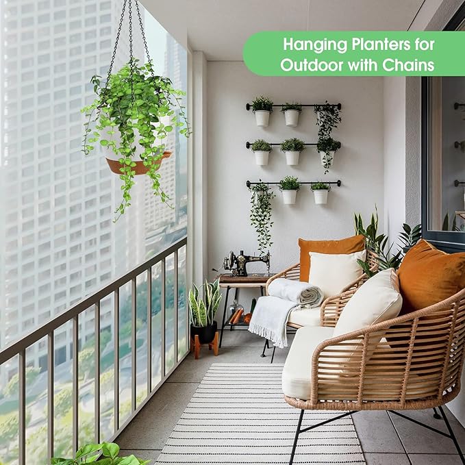 Vanslogreen Hanging Planters for Indoor Outdoor Plants, 2 Pack Self Watering Hanging Pots, Hanging Plant Baskets with Drainage Holes & 2 Types of Plant Hangers (White, 6'')