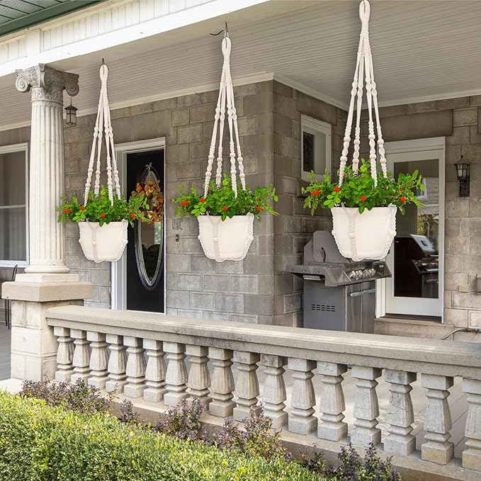 petonfun Macrame Plant Hanger Indoor,Hanging Planters for Indoor Plants with 8 Hooks,Outdoor Hanging Plant Holder Crochet for Window,Ceiling Boho Home Decor Basket Pot,White 4 Pack,Ivory